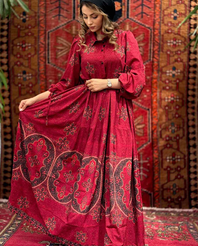 پیراهن چین دار زنانه با جنس کرپ بوگاتی درجه یک